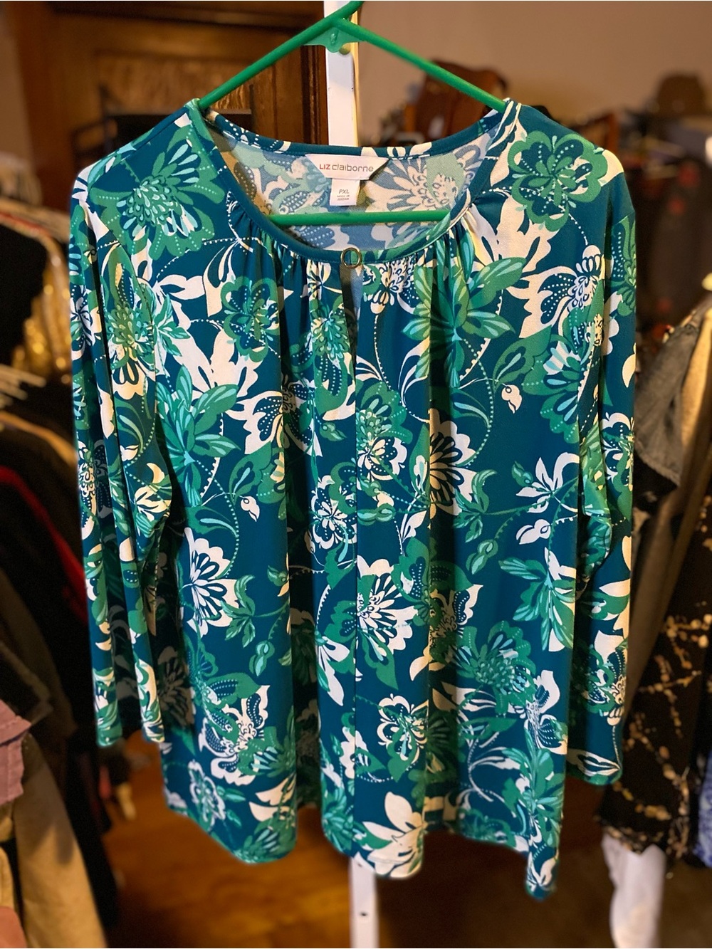 Liz Claiborne Teal, Green and White Floral 3/4 Sleeve Blouse